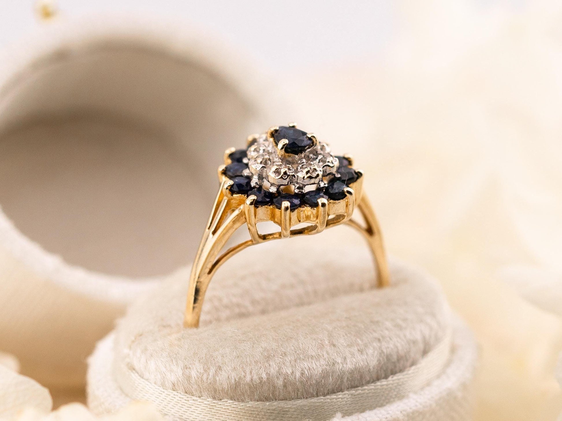 Vintage sapphire and diamond ring 14k solid gold statement or engagement ring floral inspired genuine antique ring vintage ring