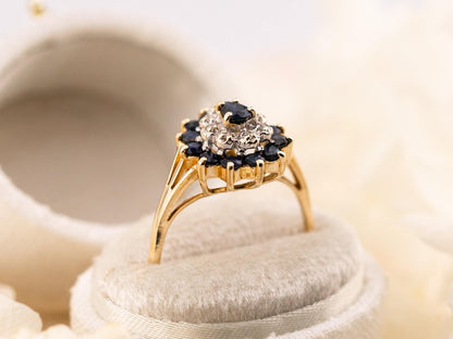 Vintage sapphire and diamond ring 14k solid gold statement or engagement ring floral inspired genuine antique ring vintage ring