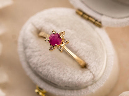Vintage Ruby and diamond ring 10kt solid gold statement or engagement ring, genuine antique vintage round cut flower ring floral ring