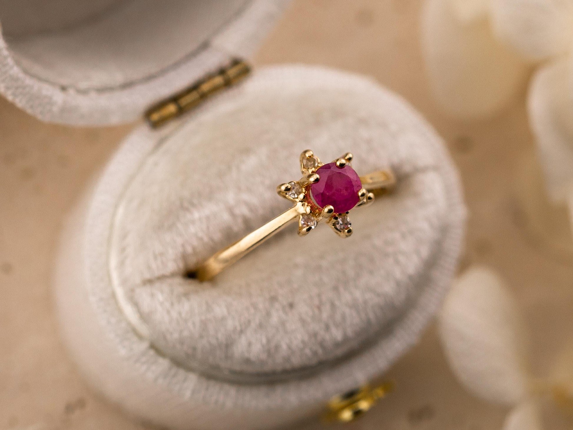 Vintage Ruby and diamond ring 10kt solid gold statement or engagement ring, genuine antique vintage round cut flower ring floral ring