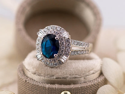 Sapphire and diamond ring solid sterling silver ring engagement or statement ring oval cut 2.45ct lab grown sapphire ring, size 7