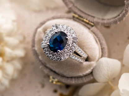 Sapphire and diamond ring solid sterling silver ring engagement or statement ring oval cut 2.45ct lab grown sapphire ring, size 7