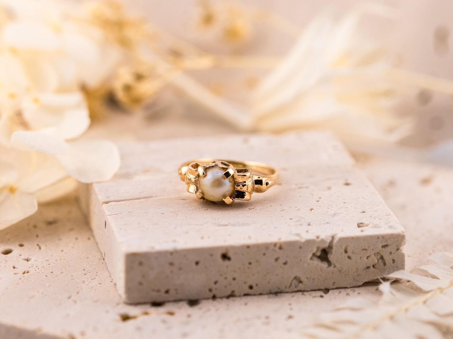 Vintage pearl ring 14k solid yellow gold statement or engagement ring genuine antique ring vintage ring, size 5