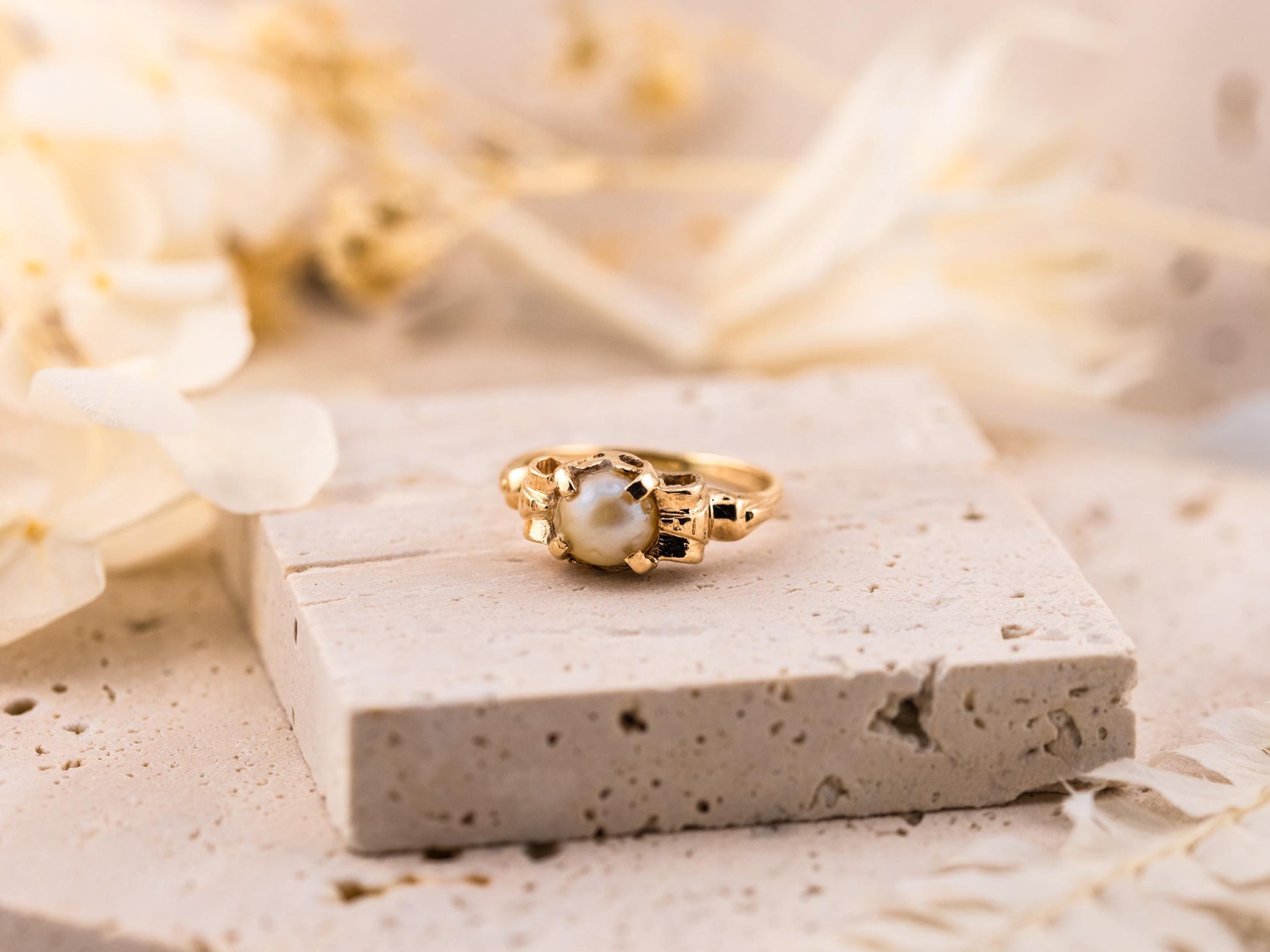 Vintage pearl ring 14k solid yellow gold statement or engagement ring genuine antique ring vintage ring, size 5