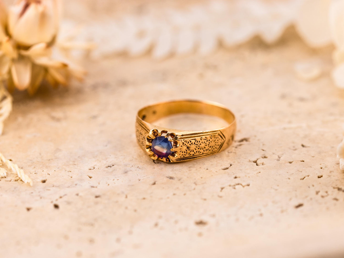Vintage belcher ring vintage gold ring floral ring 14k solid gold ring, size 9.75
