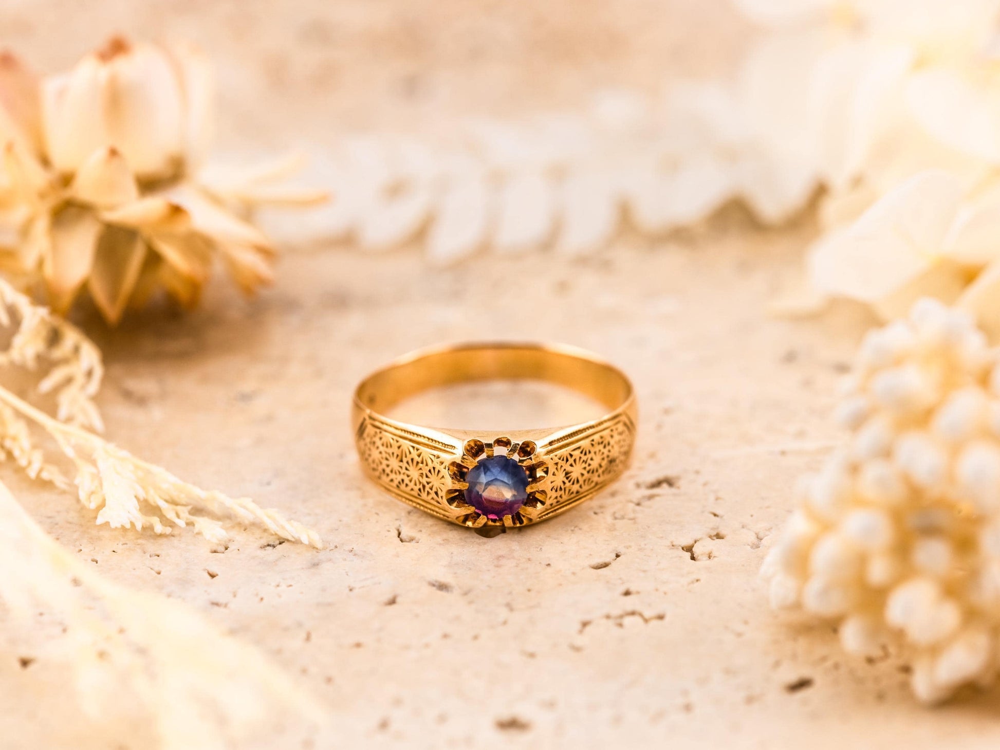 Vintage belcher ring vintage gold ring floral ring 14k solid gold ring, size 9.75