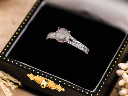 Salt and pepper diamond engagement ring with pave band 14k solid white gold engagement ring round cut 1.59ct natural diamond ring, size 6.5