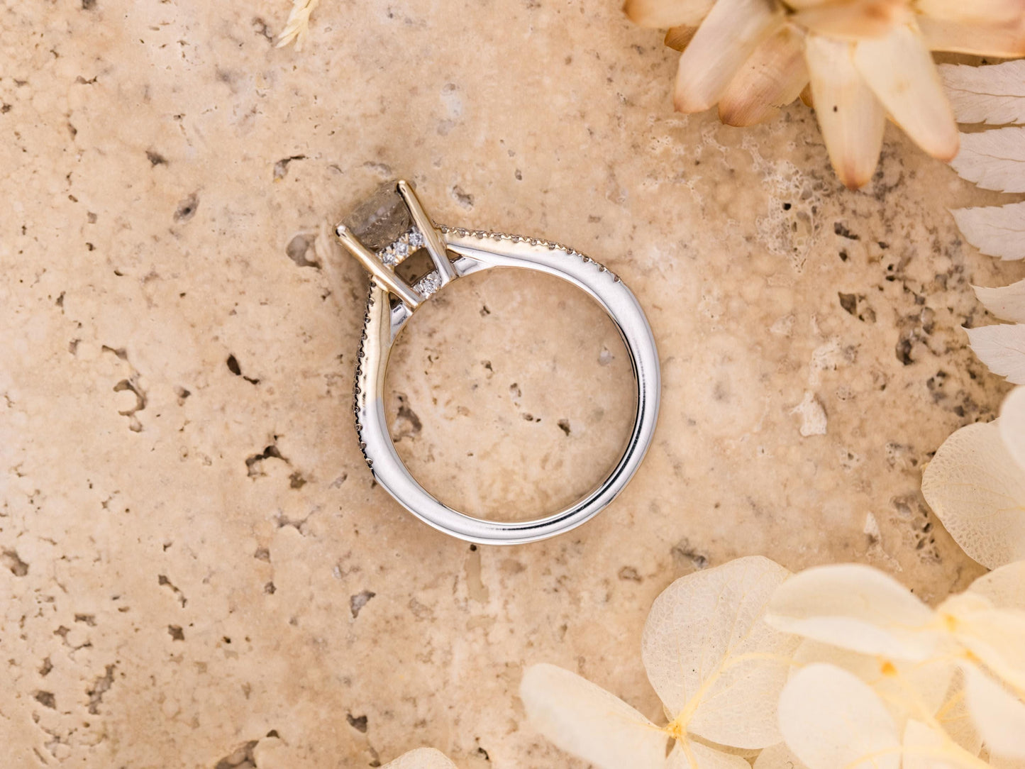 Salt and pepper diamond engagement ring with pave band 14k solid white gold engagement ring round cut 1.59ct natural diamond ring, size 6.5