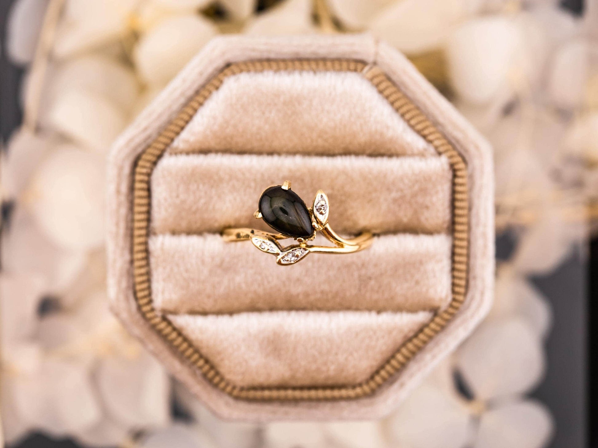 Vintage Black Star Sapphire and diamond ring 14k solid yellow gold statement ring floral inspired genuine antique ring vintage ring, size 6