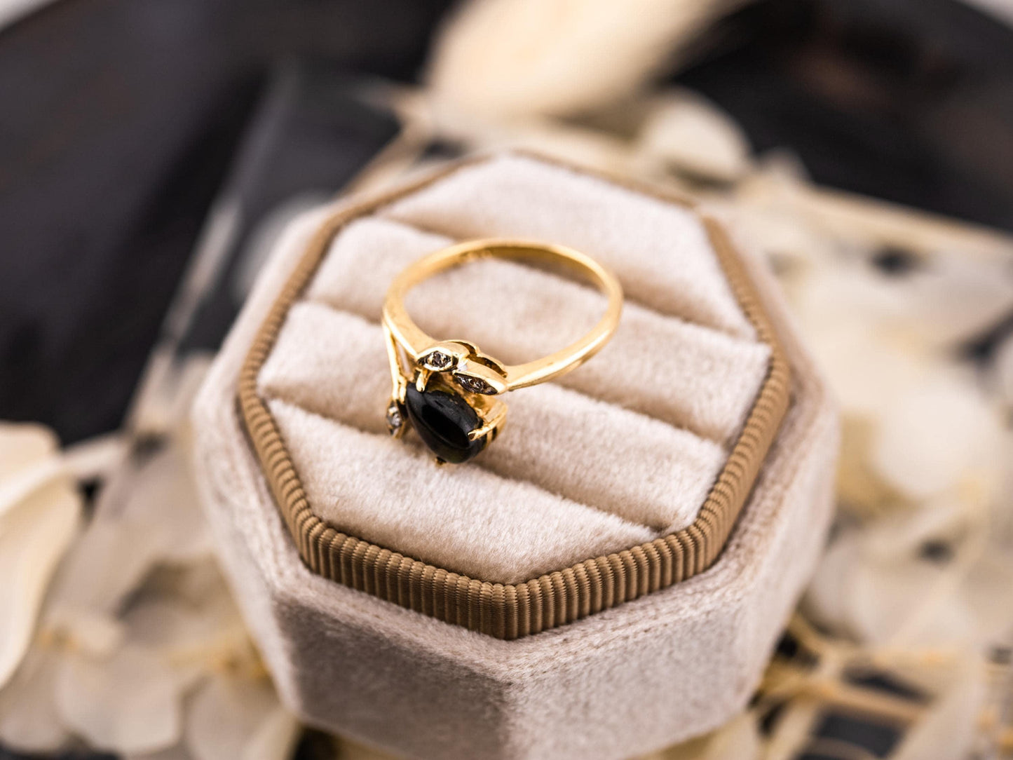 Vintage Black Star Sapphire and diamond ring 14k solid yellow gold statement ring floral inspired genuine antique ring vintage ring, size 6
