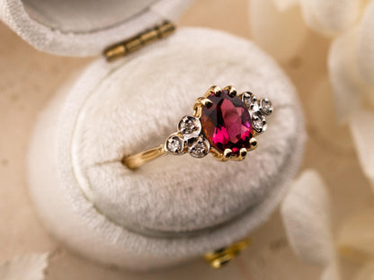Vintage rhodolite garnet ring art deco ring 10k solid yellow gold oval cut with diamond accents, Size 6.25