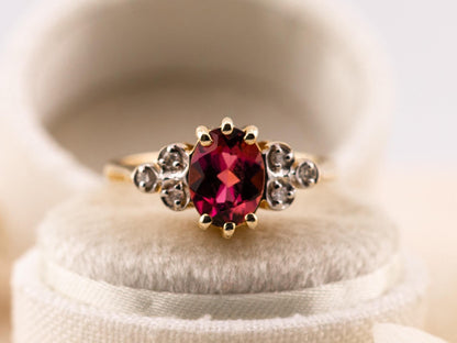 Vintage rhodolite garnet ring art deco ring 10k solid yellow gold oval cut with diamond accents, Size 6.25