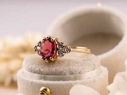 Vintage rhodolite garnet ring art deco ring 10k solid yellow gold oval cut with diamond accents, Size 6.25