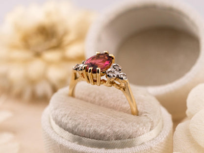 Vintage rhodolite garnet ring art deco ring 10k solid yellow gold oval cut with diamond accents, Size 6.25