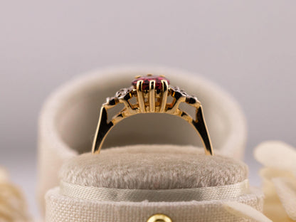 Vintage rhodolite garnet ring art deco ring 10k solid yellow gold oval cut with diamond accents, Size 6.25