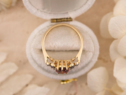 Vintage rhodolite garnet ring art deco ring 10k solid yellow gold oval cut with diamond accents, Size 6.25