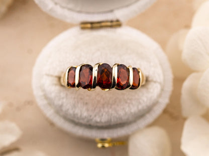 Vintage Garnet Ring five stone garnet ring 10k Solid Gold Ring January Birthstone ring, size 8