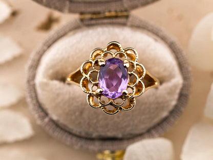 Vintage amethyst ring filigree ring 10k solid yellow gold ring oval cut amethyst, Size 6.25