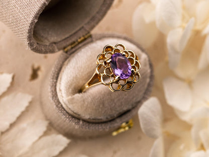 Vintage amethyst ring filigree ring 10k solid yellow gold ring oval cut amethyst, Size 6.25