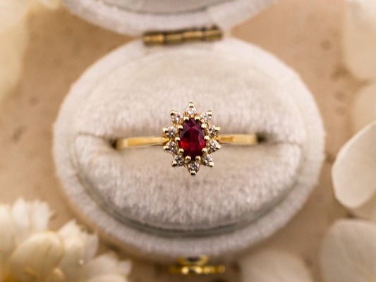 Vintage Ruby and diamond ring 14k solid gold statement or engagement ring, genuine antique vintage oval cut halo ring size 5.25