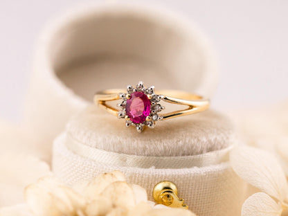 Vintage ruby ring oval cut halo ring 10k solid yellow gold ring vintage pink ring split shank ring, size 7