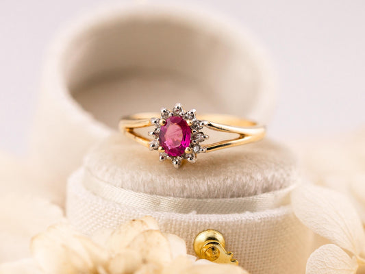 Vintage ruby ring oval cut halo ring 10k solid yellow gold ring vintage pink ring split shank ring, size 7