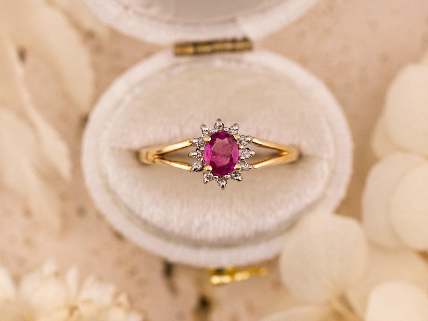 Vintage ruby ring oval cut halo ring 10k solid yellow gold ring vintage pink ring split shank ring, size 7