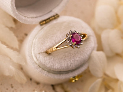 Vintage ruby ring oval cut halo ring 10k solid yellow gold ring vintage pink ring split shank ring, size 7