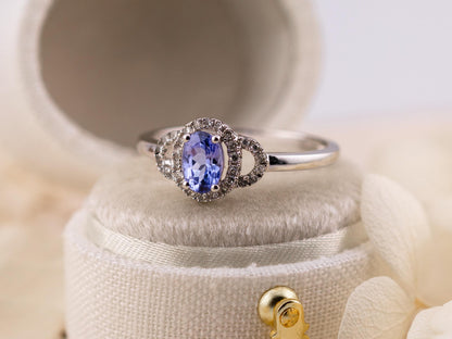 Tanzanite and diamond ring oval cut tanzanite with halo 10k solid white gold, size 7
