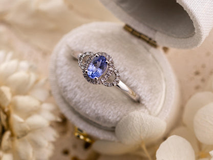Tanzanite and diamond ring oval cut tanzanite with halo 10k solid white gold, size 7