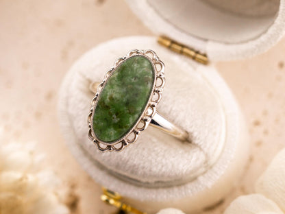 Vintage jade ring oval cut jade 10k solid white gold statement ring bezel set filigree detail genuine antique ring, Size 7