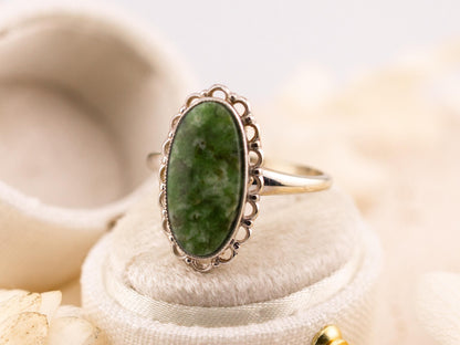 Vintage jade ring oval cut jade 10k solid white gold statement ring bezel set filigree detail genuine antique ring, Size 7