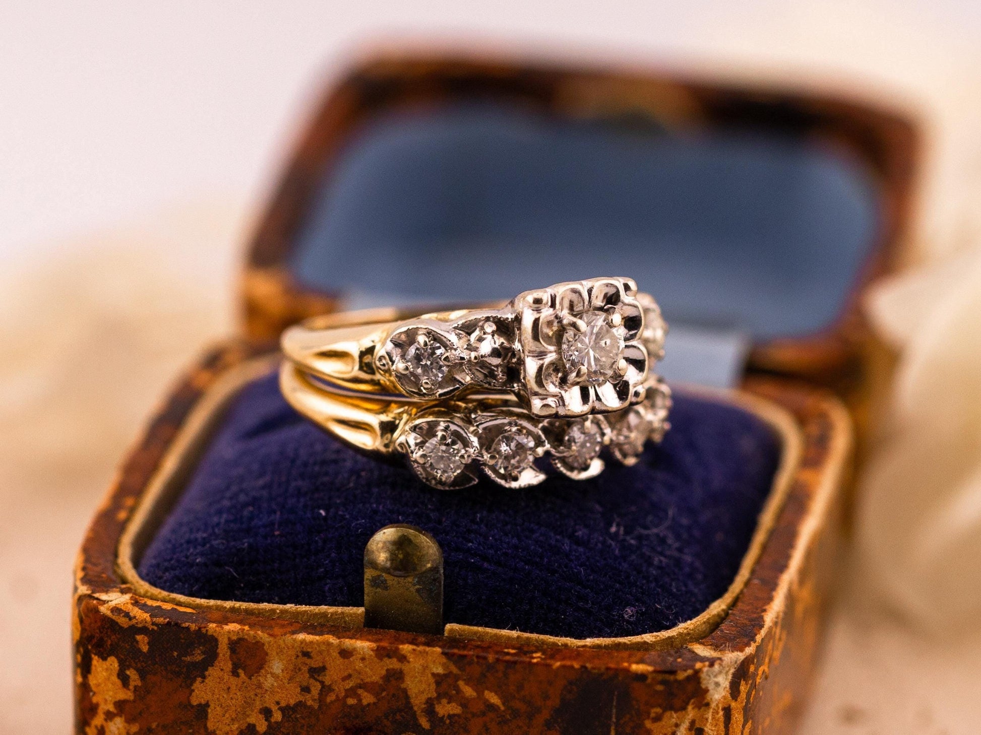 Vintage bridal set engagement ring and wedding band set 14k solid gold old European cut engagement ring antique wedding rings, size 5.5