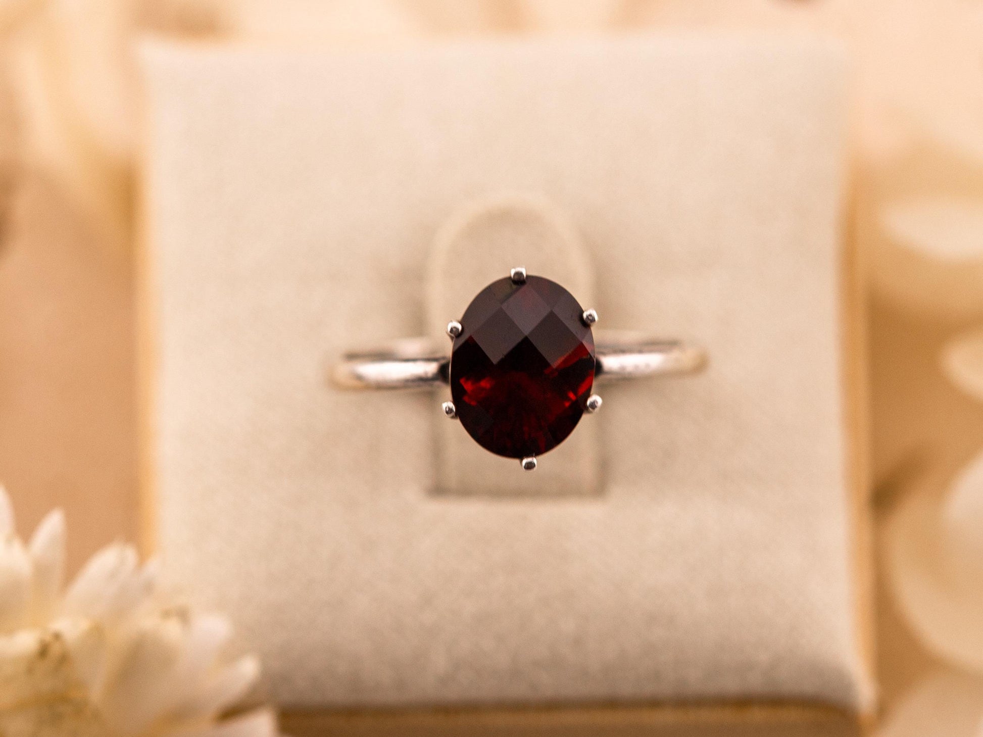 Garnet ring January birthstone ring solid sterling silver ring solitaire oval garnet, size 7