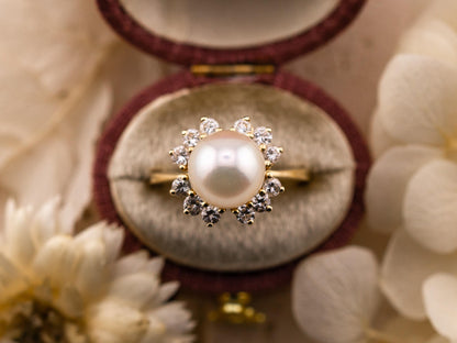 Vintage pearl and diamond ring 14k solid yellow gold statement or engagement ring genuine antique vintage ring, size 5