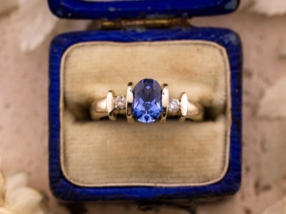 Vintage Sapphire and diamond ring three stone ring 9k solid white gold ring with lab grown ethical sapphire and natural diamonds, size 4.75