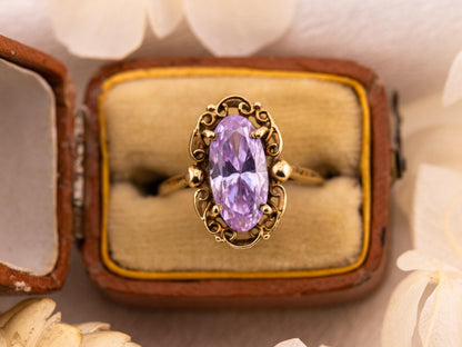 Vintage amethyst ring filigree ring 10k solid yellow gold ring oval cut amethyst, Size 5.5