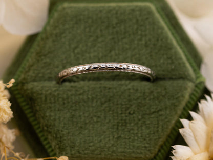 Vintage art deco ring wedding band 18k solid gold wedding band white gold milgrain genuine antique vintage floral design size 10