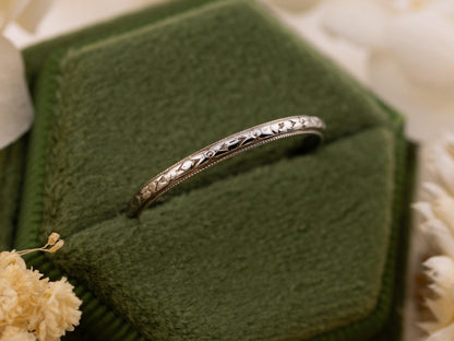 Vintage art deco ring wedding band 18k solid gold wedding band white gold milgrain genuine antique vintage floral design size 10