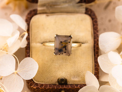 Vintage moss agate ring Edwardian solid yellow gold solitaire size 9