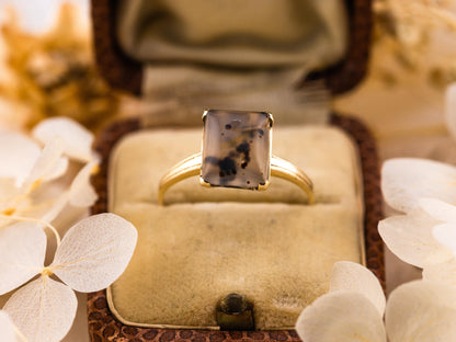 Vintage moss agate ring Edwardian solid yellow gold solitaire size 9