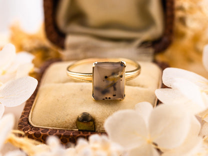 Vintage moss agate ring Edwardian solid yellow gold solitaire size 9