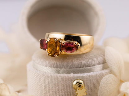Vintage citrine and morganite ring 14k gold citrine ring three stone ring morganite ring solid gold ring birthstone ring, size 5.75