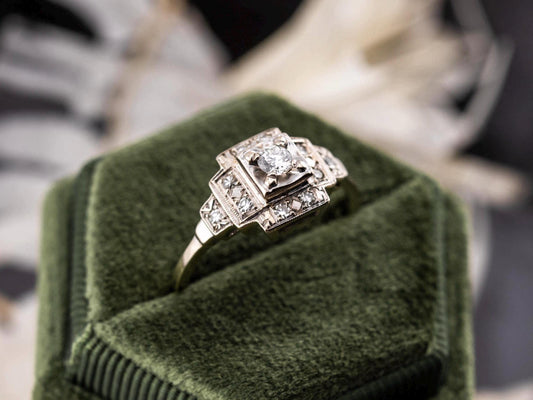 Vintage diamond engagement ring 14k solid gold engagement ring circa 1920s old European cut art deco engagement ring, size 8.75
