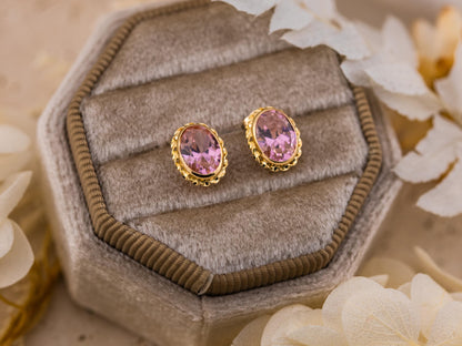 Vintage Earrings 14k Yellow Gold Pink Oval Crystal Stud Earrings Bezel Set
