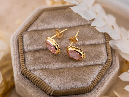 Vintage Earrings 14k Yellow Gold Pink Oval Crystal Stud Earrings Bezel Set