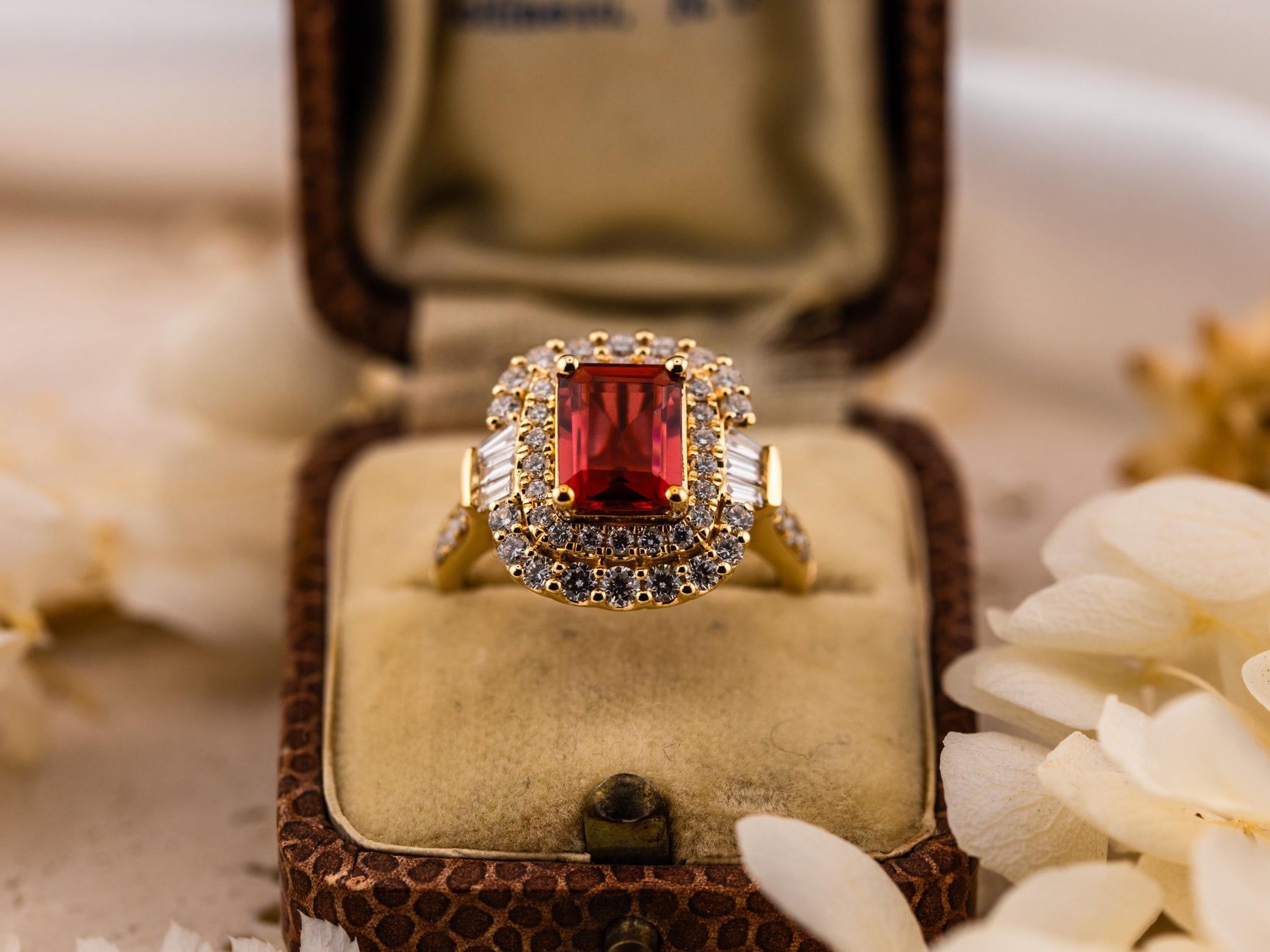 Ruby and Diamond Ring Emerald cut Lab grown Ruby double halo ring yellow gold, size 7