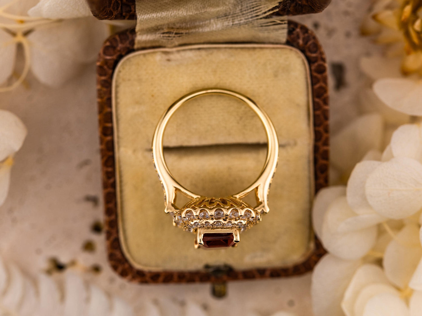 Ruby and Diamond Ring Emerald cut Lab grown Ruby double halo ring yellow gold, size 7