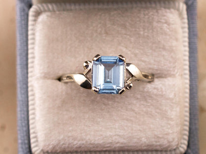Vintage topaz ring emerald cut blue topaz 10k solid white gold ring bypass ring