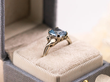 Vintage topaz ring emerald cut blue topaz 10k solid white gold ring bypass ring